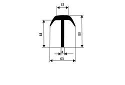 PROFIL "T" EPDM 70°ShA 29007 - Tvar "T" 80x63/8mm, dĺžka 3150 mm, guma EPDM, -40°C/+100°C