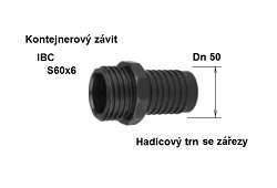 HADICOVÝ TRN PP /IBC AG S60x6 - Kontajnerový tŕň Dn 50 mm s vonkajším IBC závitom, polypropylén